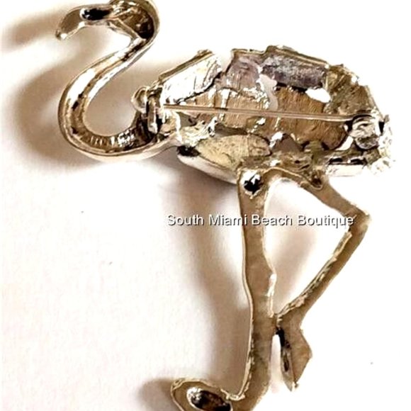 Vintage Flamingo Pin Brooch Silver Plated Purple Cats Eye Crystal Bird Ostrich - Picture 4 of 7